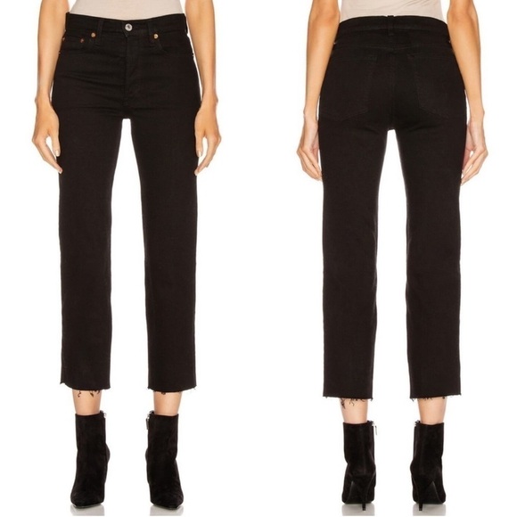 Re/Done 70s Stove Pipe Jeans Cropped High Rise Jet Black - Picture 1 of 16